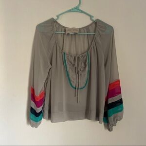 Wendy Katlen Gray Pink Teal Colorblock Flowy Blouse Womens Blouse Peasant Boho S